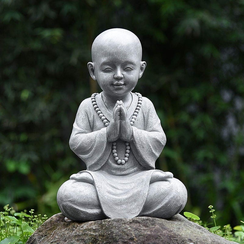 Goodeco Meditating Baby Buddha Statue Figurine - Zen Garden Monk Sculpture,Indoor/Outdoor Decor for Home,Garden Patio Deck Yard Art Decoration- with Natural Wood Beaded Necklace 11.2" (Gray) - Image 1